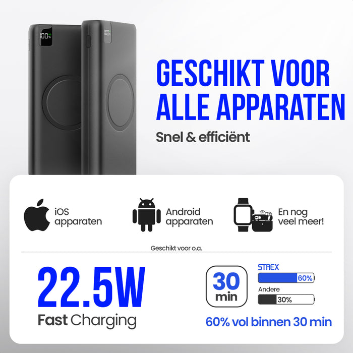 Strex Powerbank met Draadloze Qi Snellader - 27.000 mAh - 22.5W Snellader - Draadloos Opladen - USB-A/USB-C - LED Indicatie - Universele Powerbank geschikt voor o.a. iOS/Android