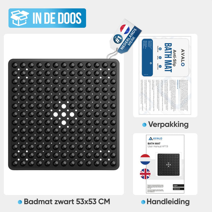 Avalo Badmat / Antislipmat Douche - 53x53CM - Zwart - Met Zuignappen - Douchemat Antislip voor Douche - Badkamermat