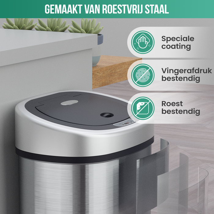 Avalo Prullenbak met Sensor 50L - RVS Zilver - Soft Close / Vingerafdrukvrij / Hygiënisch - Vuilnisbak