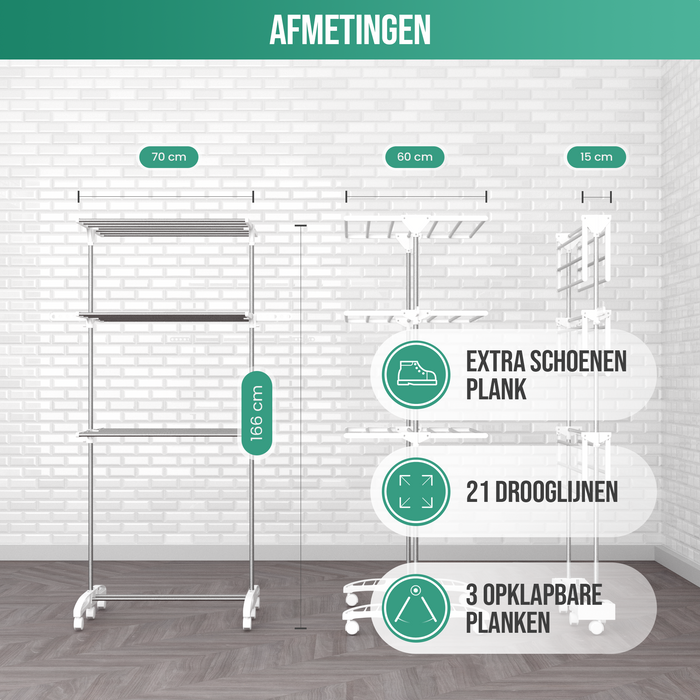 Avalo Droogrek - Droogtoren Met Wieltjes - 4 Niveaus - Inklapbaar - Wit