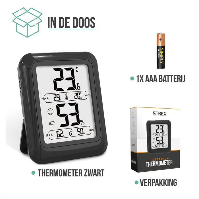 Strex Digitale Thermo Hygrometer Zwart - Digitale Thermo Meter Binnen - Hygro Meter Binnen - Weerstation Met Luchtvochtigheidsmeter - Inclusief Batterij