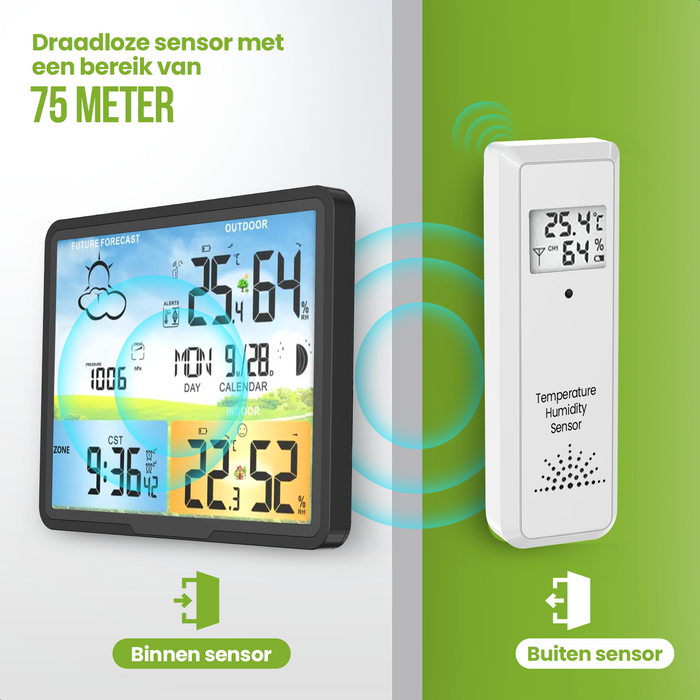 Strex Weerstation Zwart - Draadloos - 75M Bereik - Binnen & Buiten - Temperatuur - Luchtvochtigheid - Weersvoorspelling