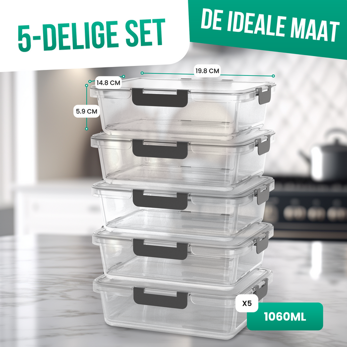 Avalo Vershoudbakjes Glas - Meal Prep Bakjes - Diepvriesbakjes - Met Deksel - 5 Delig 1060ml