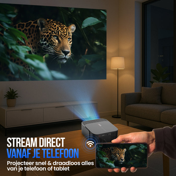 Strex Beamer - Smart 1080P Full HD Projector - 4K Ondersteuning - WiFi & Bluetooth - Ingebouwde Speakers - Draagbare Mini Beamer Thuisbioscoop - WhaleOS - Inclusief Opbergtas & Projectiescherm