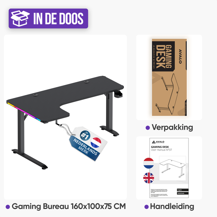 Avalo Gaming Bureau - 160x100x75 CM - L Vormig Hoekbureau - Game Desk Met LED Verlichting - Tafel - Zwart