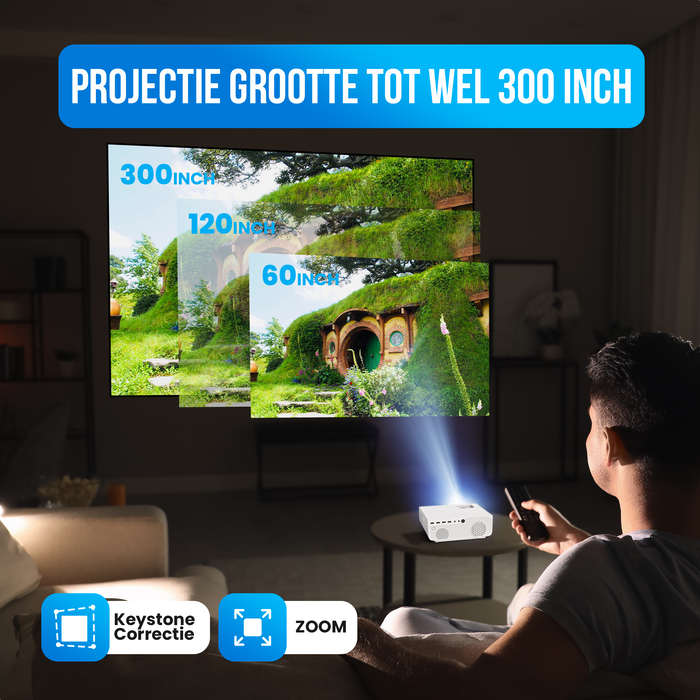 Strex Beamer - 1080P Full HD - 15000 Lumen - Draadloos Streamen - Inclusief Tas/Projectiescherm - WiFi - Bluetooth - Mini Beamer - Projector