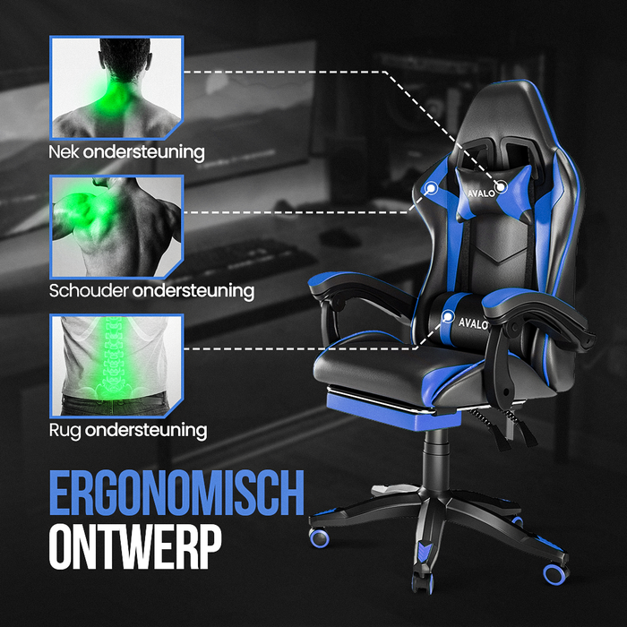 Avalo Gaming Stoel - Gamestoel - Ergonomische Bureaustoel Verstelbaar - Game Stoel - Gaming Chair - Zwart/Blauw