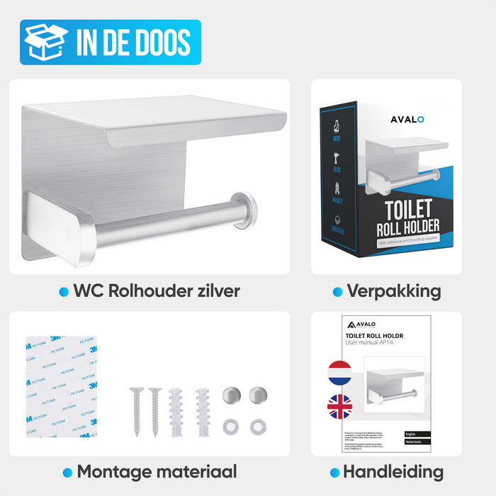 Avalo WC Rolhouder met Plankje - Zilver - Zelfklevend / Boren / Zonder Boren - Toiletrolhouder - WC Papier Houder