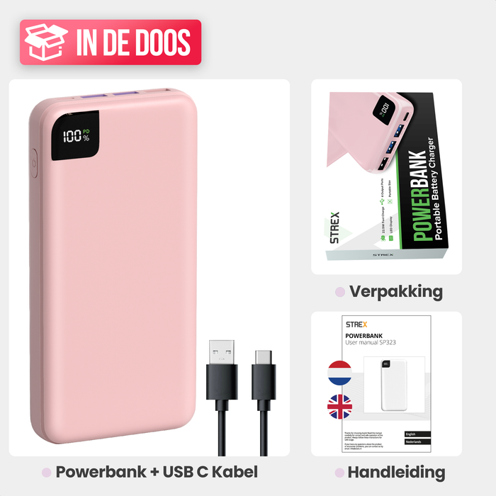 Strex Powerbank Roze - 27.000 mAh - 22.5W Snellader - USB-A/USB-C - LED Indicatie - Universele Powerbank geschikt voor o.a. iOS/Android