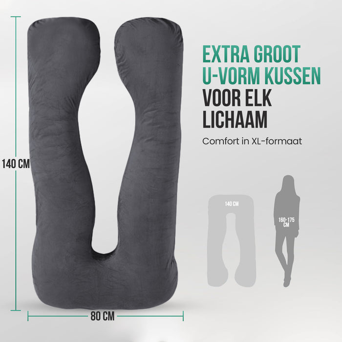Avalo Zwangerschapskussen XXL 280 cm - U-Vorm Zijslaapkussen - Ergonomisch Body Pillow - Voedingskussen & Lichaamskussen voor Zwangere Vrouwen - Donkergrijs