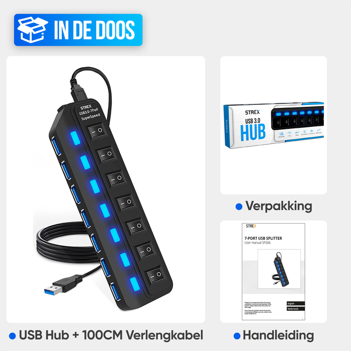 Strex USB 3.0 Hub - USB Splitter - 7 Poorten - 5Gbps - LED Indicatie - Aan/Uit Switch - 100CM Kabel