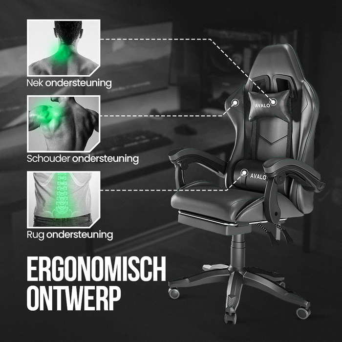 Avalo Gaming Stoel - Gamestoel - Ergonomische Bureaustoel Verstelbaar - Game Stoel - Gaming Chair - Zwart