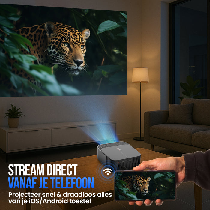 Strex Beamer - Smart 1080P Full HD Projector - 4K Ondersteuning - WiFi & Bluetooth - Ingebouwde Speakers - Draagbare Mini Beamer Thuisbioscoop - WhaleOS - Inclusief Opbergtas