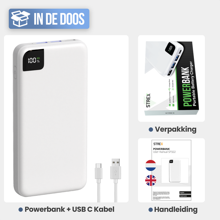 Strex Powerbank Wit - 27.000 mAh - 22.5W Snellader - USB-A/USB-C - LED Indicatie - Universele Powerbank geschikt voor o.a. iOS/Android