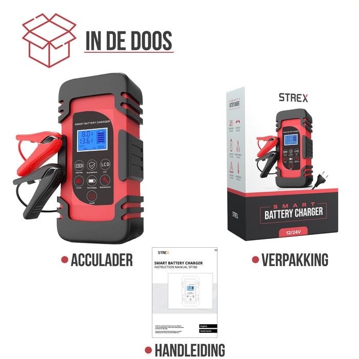 Strex Acculader - 12/24V 4/6/8A - Reparatiemodus - Druppellader - Accu Lader voor Auto / Motor / Scooter / Boot / Camper