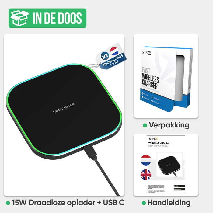 Strex Draadloze Oplader 15W - Inclusief Kabel - QI Snellader - Wireless Charger - Fast Charger - LED Indicatie - Zwart