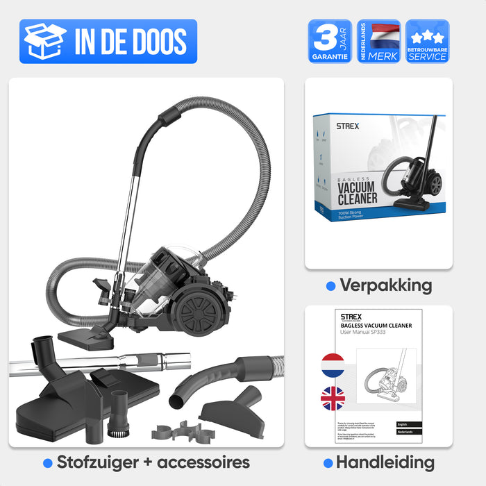 Strex Stofzuiger Zonder Zak - 700W Krachtige Zakloze Stofzuiger - HEPA Filter - 2.5L Stofreservoir - Extra Lang Snoer - Inclusief 4 Opzetstukken