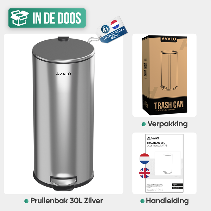 Avalo Pedaalemmer Prullenbak 30L - RVS Zilver - Soft Close - Pedaalemmer 30 Liter - Prullenbak 30 Liter