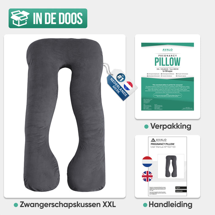 Avalo Zwangerschapskussen XXL 280 cm - U-Vorm Zijslaapkussen - Ergonomisch Body Pillow - Voedingskussen & Lichaamskussen voor Zwangere Vrouwen - Donkergrijs