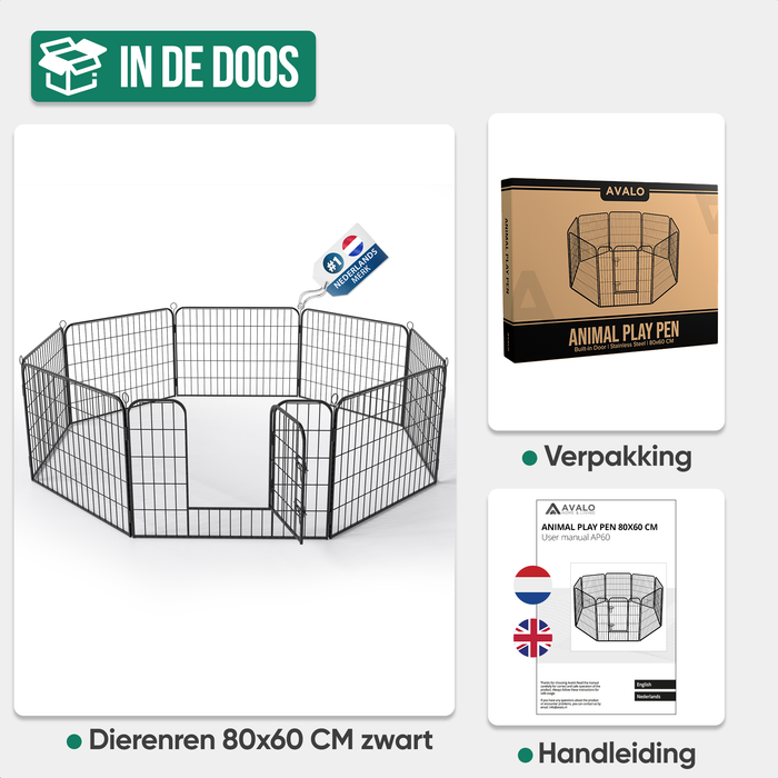 Avalo Puppyren Ø210cm Opvouwbaar Zwart - 8 panelen 80x60cm - Dierenren / Konijnenren / Hondenren