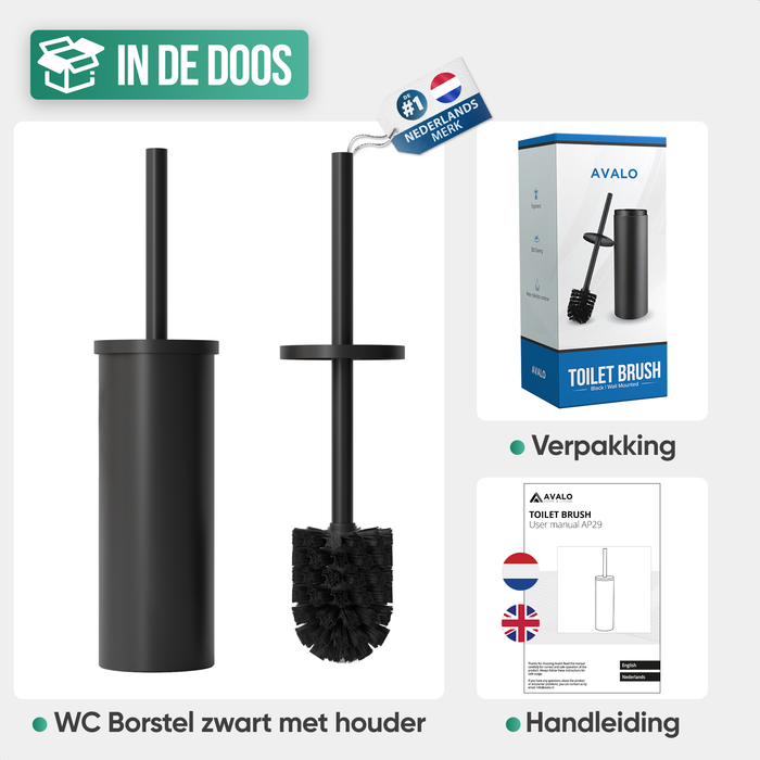 Avalo Toiletborstel Met Houder - Vrijstaand - RVS Zwart - WC Borstel Met Houder