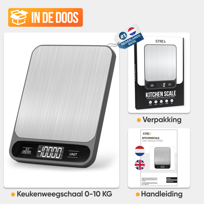 Strex Keukenweegschaal Digitaal - Weegschaal Keuken - 1 g tot 10 kg - Tarra Functie - Inclusief Batterijen - RVS/Zwart