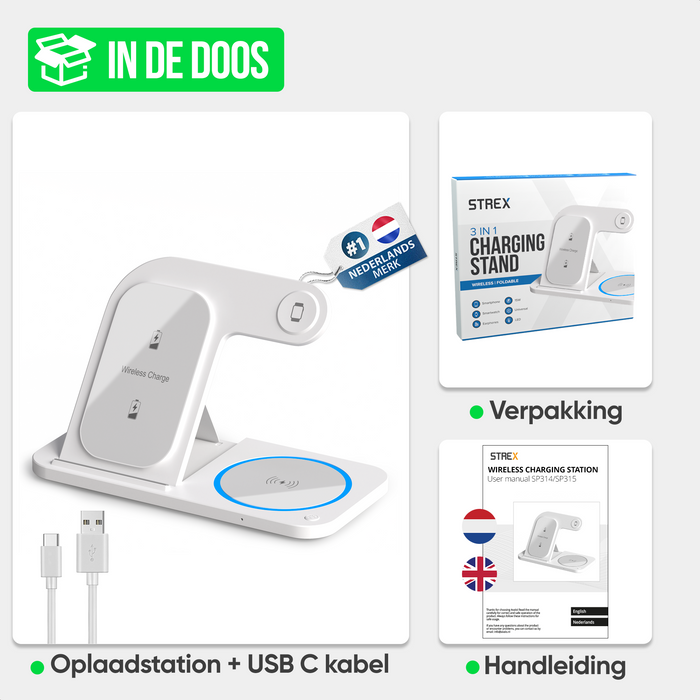 Strex 3-in-1 Draadloze Oplader - Oplaadstation - 15W Snellader - Opvouwbaar - Geschikt voor iOS & Android, Apple Watch, AirPods en Draadloze oortjes - Wit