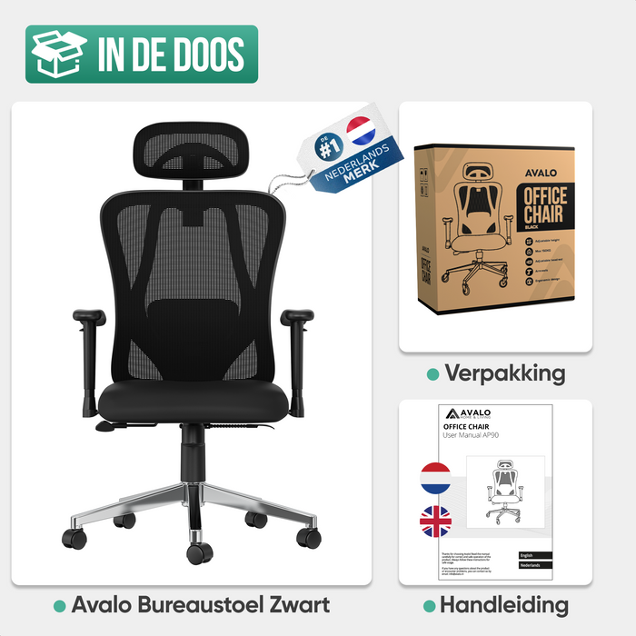 Avalo Ergonomische Bureaustoel Met Hoofdsteun - NEN1335 - Bureaustoelen Voor Volwassenen - Bureau Stoel - Incl. 2 Sets Krasvrije Wielen Voor Harde / Zachte Ondergrond