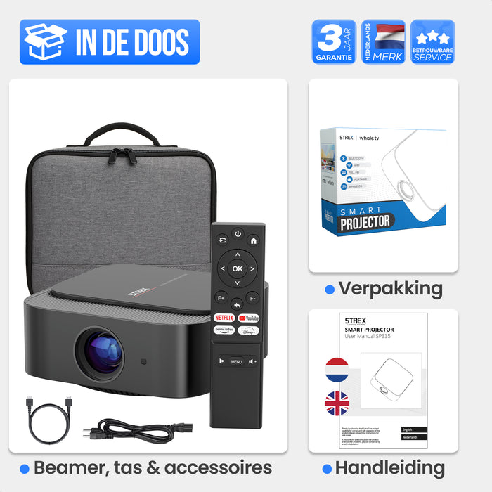 Strex Beamer - Smart 1080P Full HD Projector - 4K Ondersteuning - WiFi & Bluetooth - Ingebouwde Speakers - Draagbare Mini Beamer Thuisbioscoop - WhaleOS - Inclusief Opbergtas