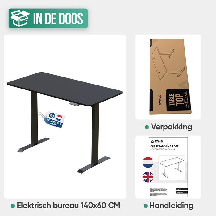 Avalo Zit Sta Bureau Elektrisch Verstelbaar - 140x60 CM - Zwart - Elektrisch Bureau