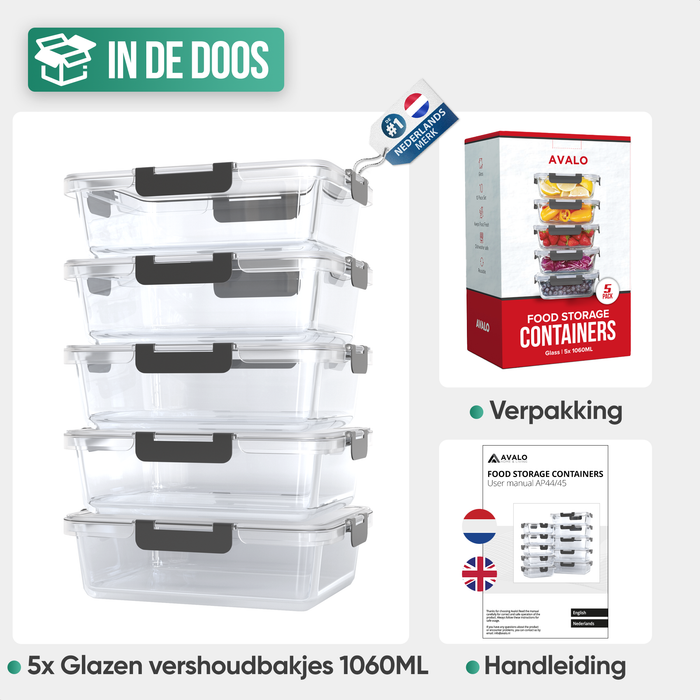 Avalo Vershoudbakjes Glas - Meal Prep Bakjes - Diepvriesbakjes - Met Deksel - 5 Delig 1060ml