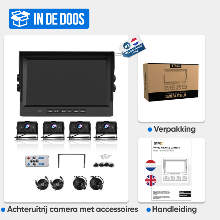 Strex Achteruitrijcamera Set Bedraad Met 4 Camera's (tegelijk bekijken) - 9" Scherm - Nachtzicht - IP66 Waterdicht - Achteruitrijcamera Set Bedraad