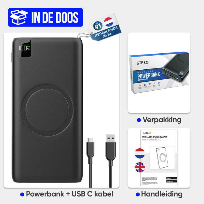 Strex Powerbank met Draadloze Qi Snellader - 27.000 mAh - 22.5W Snellader - Draadloos Opladen - USB-A/USB-C - LED Indicatie - Universele Powerbank geschikt voor o.a. iOS/Android