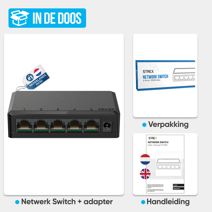 Strex Netwerk Switch - 1000Mbps - Unmanaged - Internet Switch - 5 Poorten