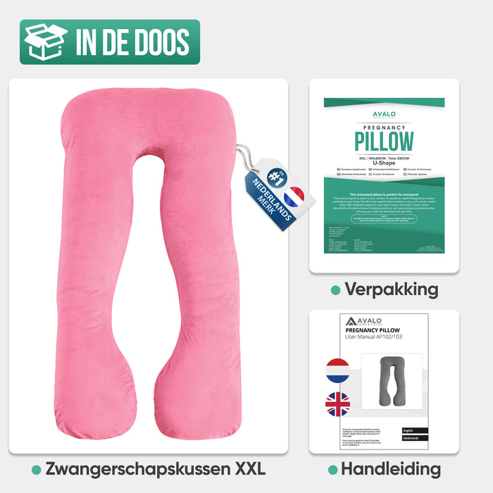 Avalo Zwangerschapskussen XXL 280 cm - U-Vorm Zijslaapkussen - Ergonomisch Body Pillow - Voedingskussen & Lichaamskussen voor Zwangere Vrouwen - Roze