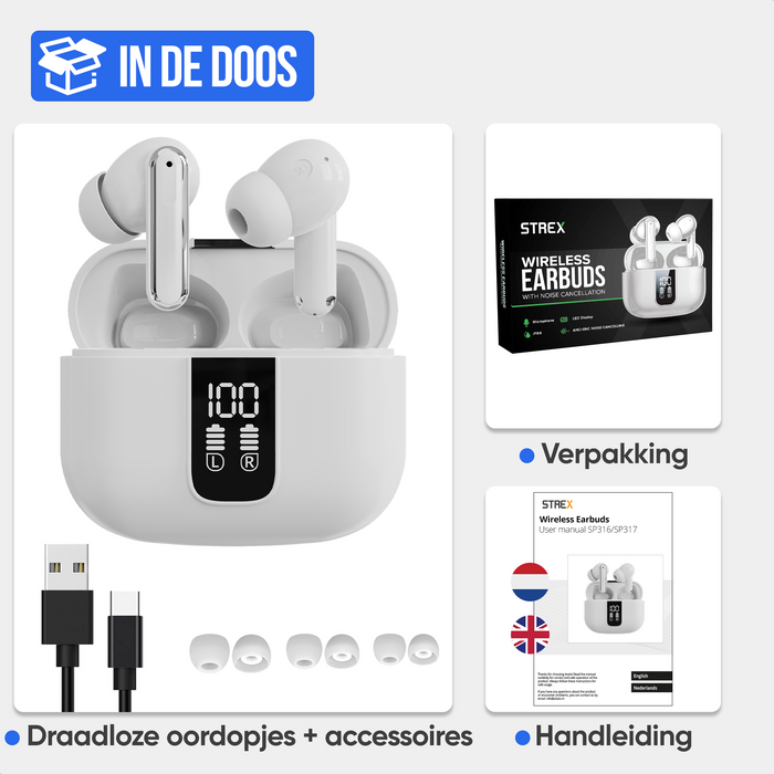 Strex Draadloze Oordopjes - Active Noise Cancelling - LED Display - Draadloze Oortjes Bluetooth - Oortjes Draadloos - Bluetooth 5.3 - Wit