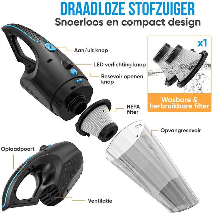 Strex Kruimeldief - Snoerloos - Kruimelzuiger Nat & Droog - 3 Opzetstukken - 14000PA - HEPA Filter - LED Verlichting - Extra Krachtig - Handstofzuiger