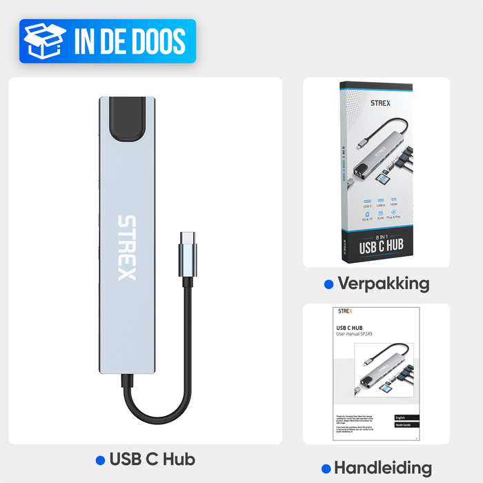 Strex 8 in 1 USB C Hub - Docking Station - USB Splitter - 4K HDMI - USB A - USB C - Ethernet - Micro SD - Geschikt voor Laptop, Macbook, Windows