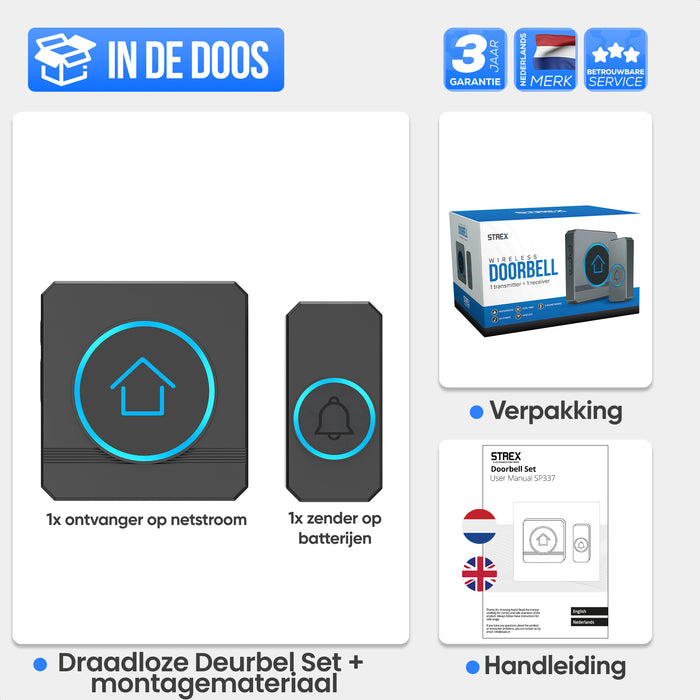 Strex Draadloze Deurbel - Ontvanger op Netstroom - 300m Bereik - 60 Melodieën - Draadloos - Waterbestendig - Zwart
