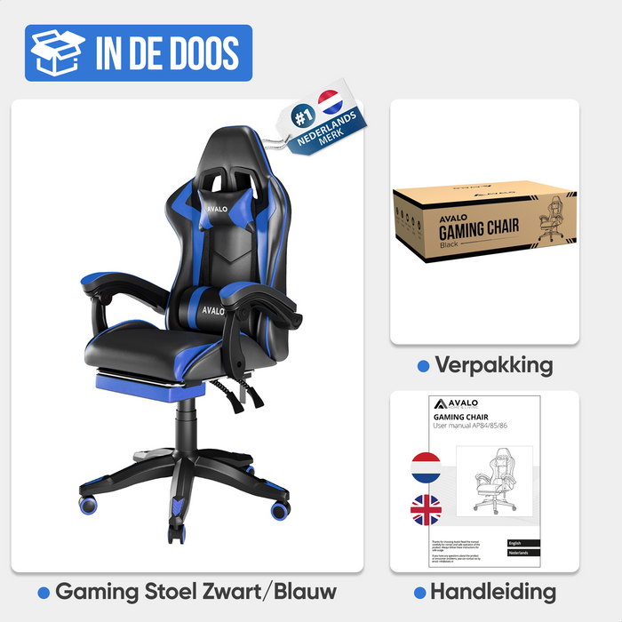 Avalo Gaming Stoel - Gamestoel - Ergonomische Bureaustoel Verstelbaar - Game Stoel - Gaming Chair - Zwart/Blauw