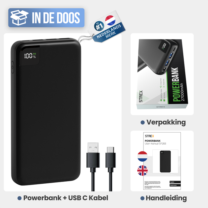 Strex Powerbank - 27.000 mAh - 22.5W Snellader - USB-A/USB-C - LED Indicatie - Universele Powerbank voor o.a. iPhone/Samsung