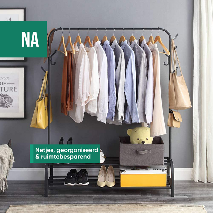 Avalo Industrieel Kledingrek - Metaal - 110x33x150 CM - Zwart - Opbergruimte Voor Schoenen - Garderoberek Met Haken