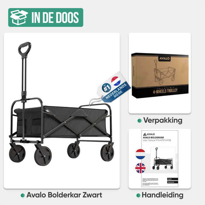 Avalo Bolderkar - Opvouwbaar - Tot 90KG - 80x47x49 CM - 80L - 360º Wielen - Zwart