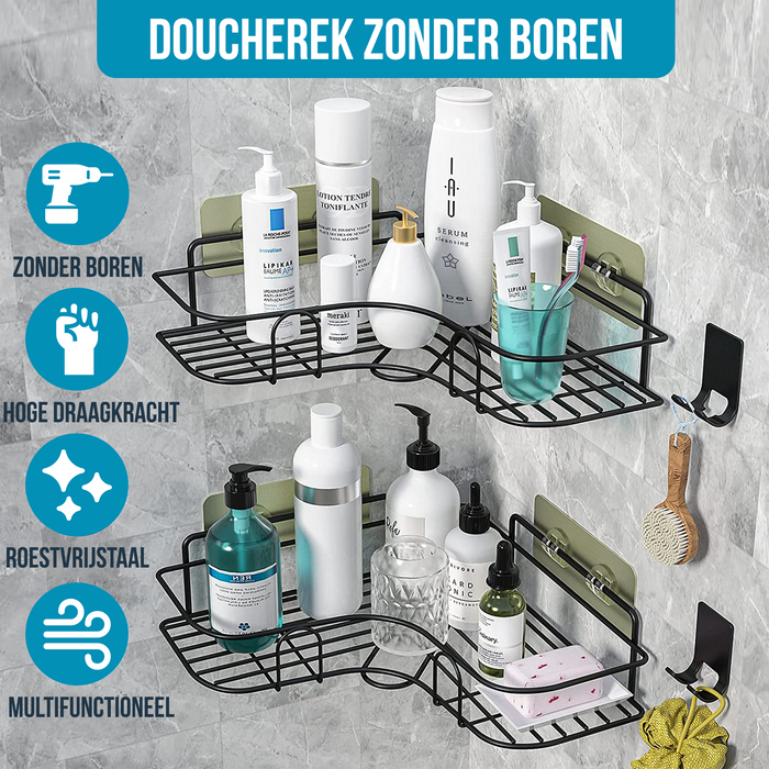 Avalo Doucherek Hoekvorm - 2 Stuks - Bevestigen zonder Boren of Schroeven - Bevestigen Middels Plakstrip