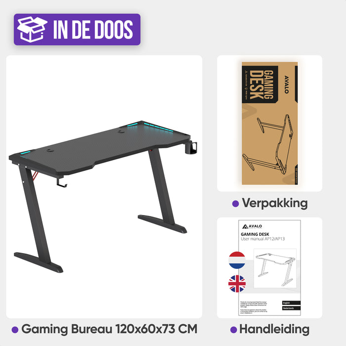 Avalo Gaming Bureau - 120x60x73 CM - Game Desk Met LED Verlichting - Tafel - Zwart