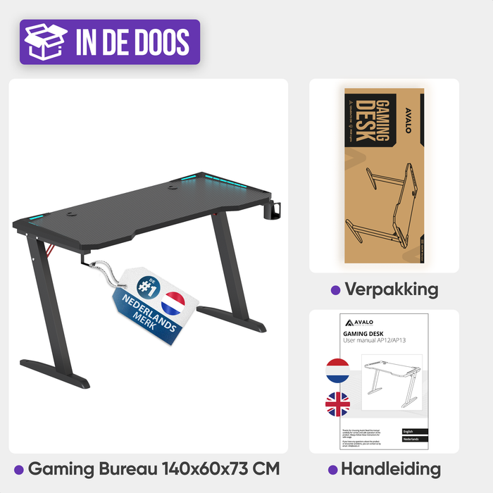 Avalo Gaming Bureau - 140x60x73 CM - Game Desk Met LED Verlichting - Tafel - Zwart