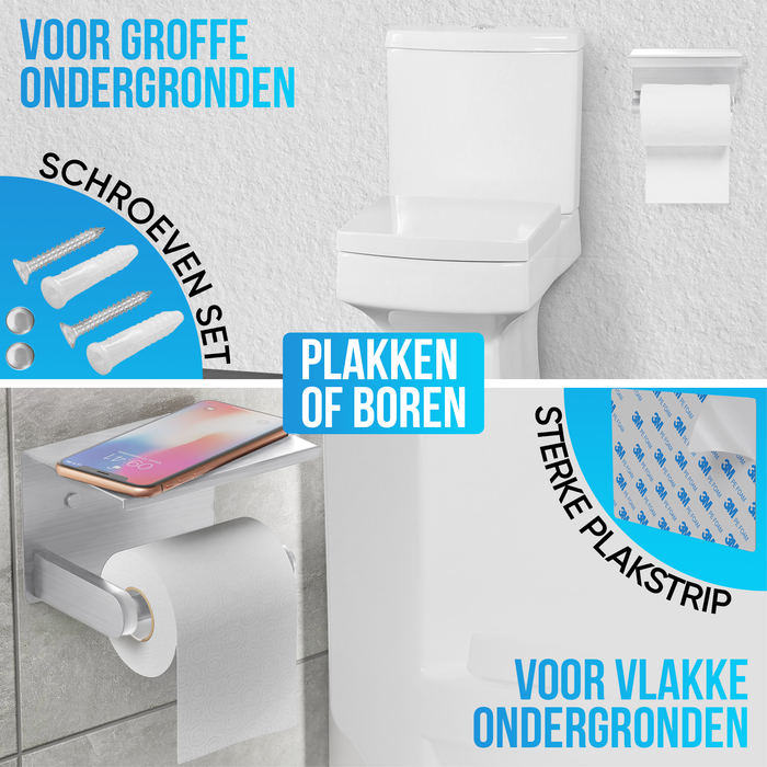 Avalo WC Rolhouder met Plankje - Zilver - Zelfklevend / Boren / Zonder Boren - Toiletrolhouder - WC Papier Houder