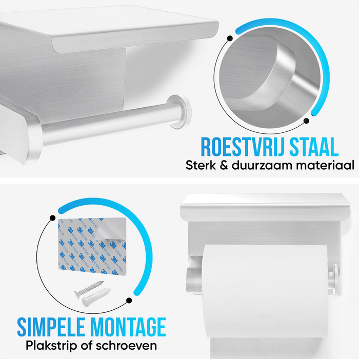 Avalo WC Rolhouder met Plankje - Zilver - Zelfklevend / Boren / Zonder Boren - Toiletrolhouder - WC Papier Houder