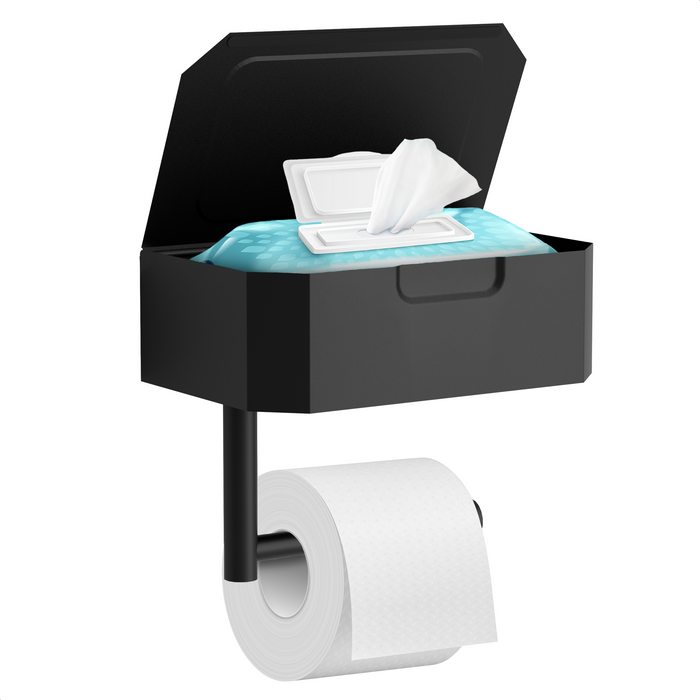 Avalo WC Rolhouder met Bakje & Plankje - Zwart - Zelfklevend / Boren / Zonder Boren - Toiletrolhouder - WC Papier Houder