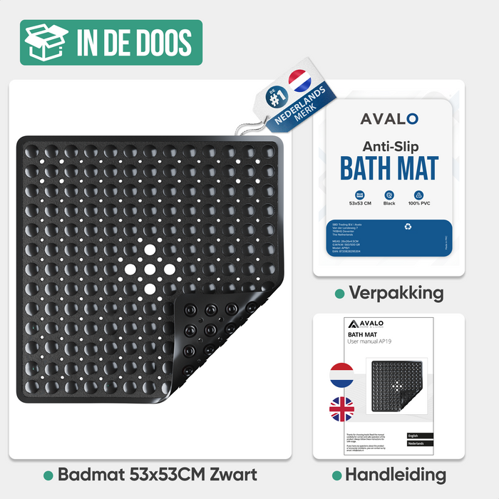 Avalo Badmat / Antislipmat Douche - 53x53CM - Zwart - Met Zuignappen - Douchemat Antislip voor Douche - Badkamermat